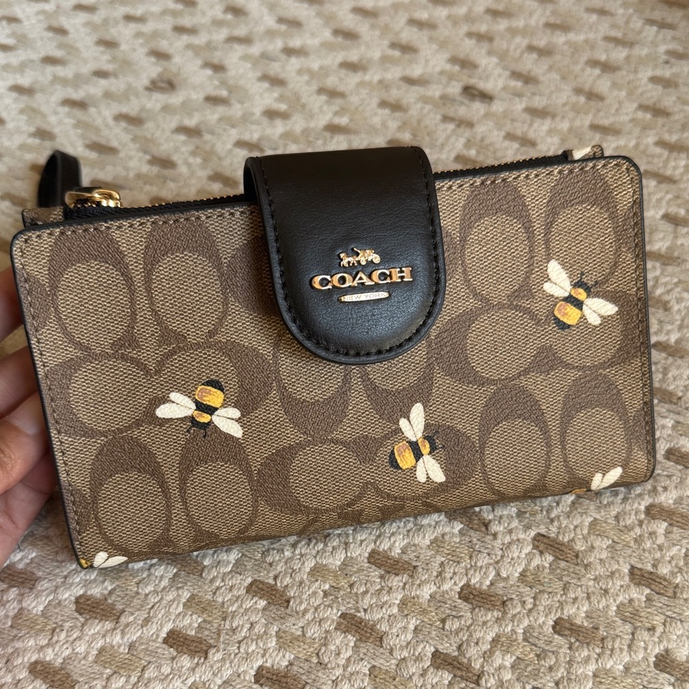 Coach Tan and Black Bee Pattern Wallet